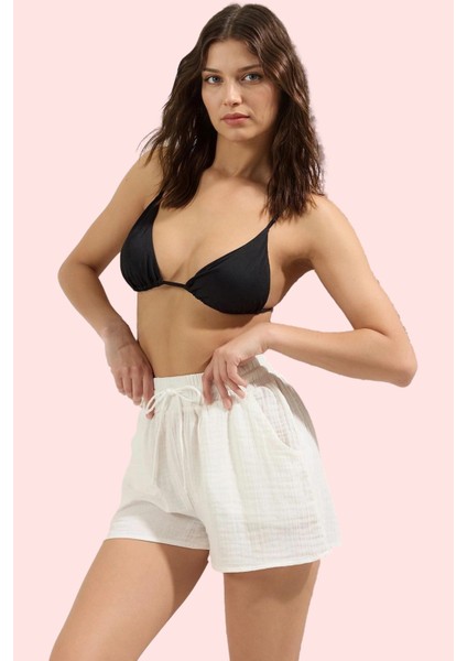 Kadın Kısa Boy Müslin Şort Geniş Paça Normal Bel Pamuk Plaj ve Günlük Kullanım Özel Günler