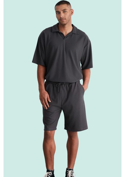 Erkek Kısa Boy Normal Bel Geniş Paça Şort Ottoman Dokuma Polyester Elastan Günlük Hafta Sonu