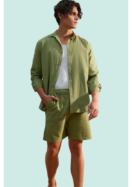 Erkek Bağcıklı Şort Pamuk Keten Görünümlü Dokuma Kumaş Rahat Günlük Spor Şık Modern Tasarım