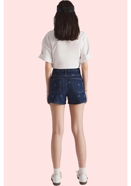 Kadın Baskılı Desenli Denim Şort Yüksek Bel Straight Kalıp Pamuk Yazlık Yaz Aylarının Vazgeçilmezi modelleri