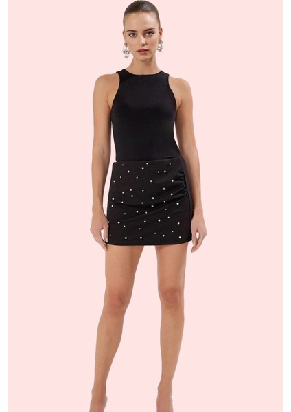 Kadın Taş Detaylı Interlok Örme Mini Şort Etek Göz Alıcı Tasarım Yaz Aylarının Vazgeçilmezi