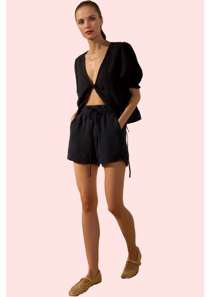 Kadın Keten Şort Düz Desen Yüksek Bel Rahat Kesim Günlük Hafta Sonu Yaz Aylarının Vazgeçilmezi fiyatları