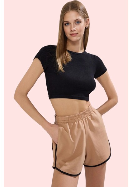 Kadın Yüksek Bel Straight Örme Şort 2 Iplik Penye Dokuma Günlük Kombinler Kaliteli Malzeme fiyatları
