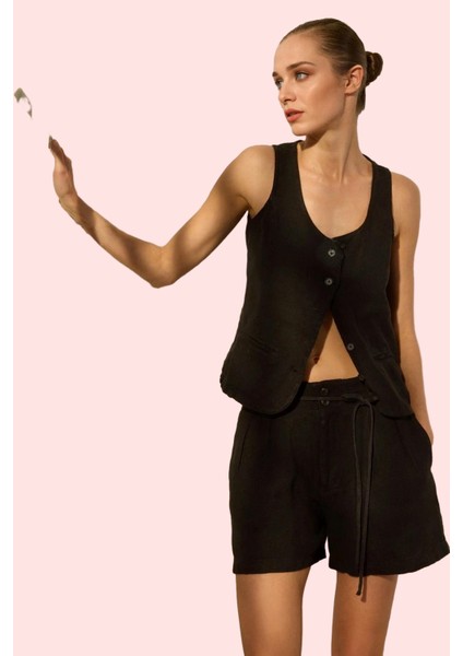 Kadın Keten Mini Şort Renk Geniş Paça Yüksek Bel Yaz Için Ideal Günlük Kullanım Hafta Sonu