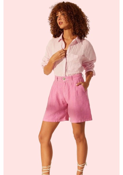 Kadın Kısa Boy Keten Şort Straight Siluet Yüksek Bel Dokuma Rigid City Short Günlük Hafta Sonu fiyatları
