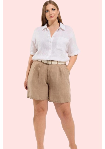Kadın Yazlık Şort Yüksek Bel Geniş Paça Keten Karışımlı Dokuma Kumaş Yaz Aylarının Vazgeçilmezi fiyatları