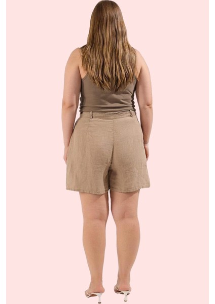 Kadın Yazlık Şort Yüksek Bel Geniş Paça Keten Karışımlı Dokuma Kumaş Yaz Aylarının Vazgeçilmezi indirimleri