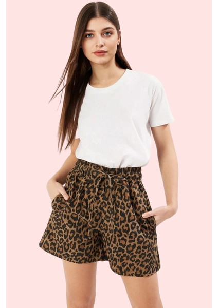 Kadın Gabardin Kumaş Normal Bel Şort Çok Leopar Desen Straight Siluet Günlük Kullanım Hafta Sonu