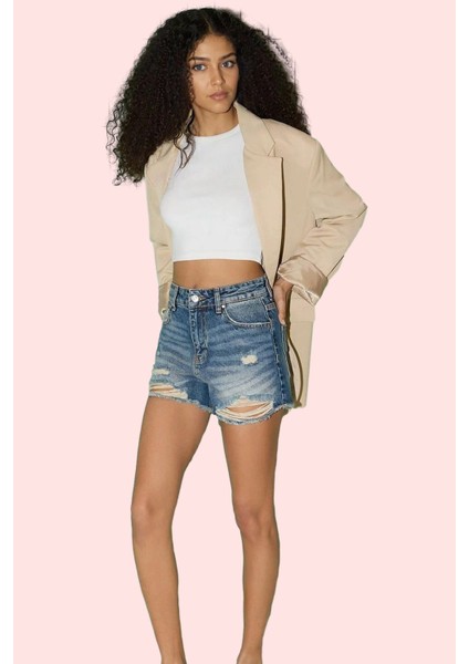 Kadın Pamuk Denim Şort Yırtık Detaylı Normal Bel Geniş Paça Rahat Günlük Dayanıklı Malzeme