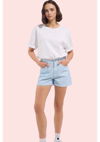 Kadın Kareli Denim Şort Yüksek Bel City Short Kalıp Pamuk Günlük Kullanım Kaliteli Malzeme fiyatları