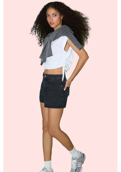 Kadın Pamuklu Denim Şort City Kalıp Kısa Boy Yüksek Bel Geniş Paça Rahat Dayanıklı Malzeme