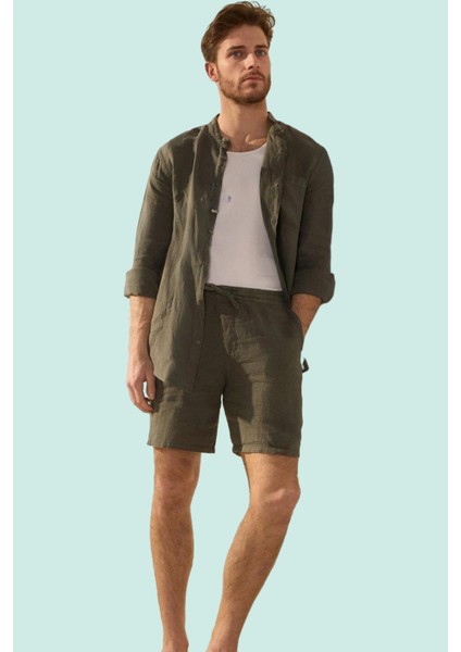 Erkek Yazlık Keten Şort Boru Paça Normal Bel Rahat Kesim Günlük Kullanım Dayanıklı Malzeme