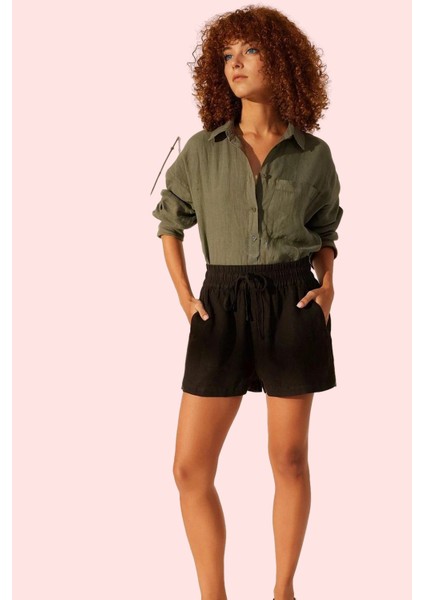 Kadın Keten Şort Düz Desen Yüksek Bel Rahat Kesim Günlük Hafta Sonu Yaz Aylarının Vazgeçilmezi fiyatları