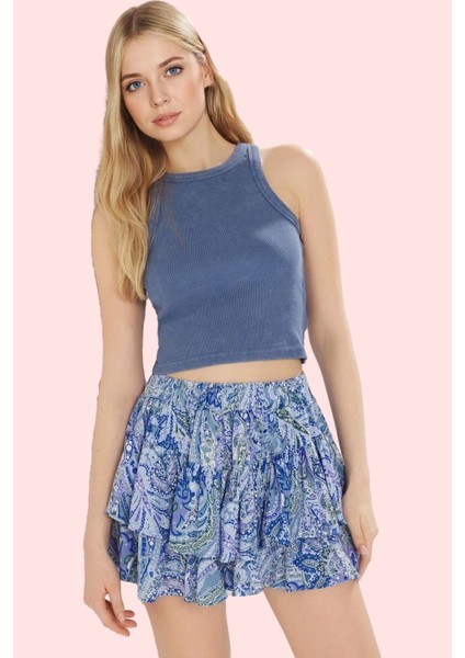 Kadın Yüksek Belli Kısa Şort Etek Geniş Paça Viskoz Dokuma Shally Desenli Yaz Günlük Kullanım