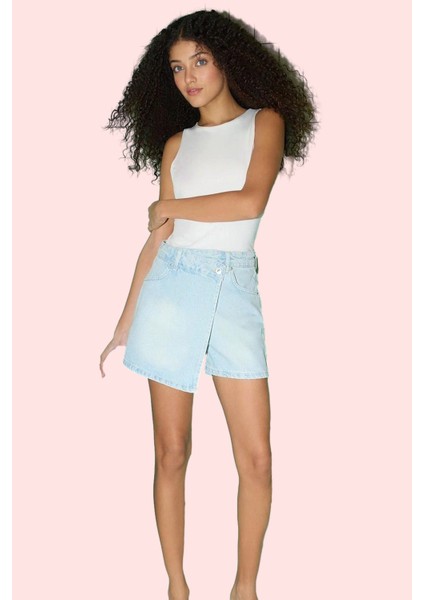 Kadın Pamuk Düz Desenli Denim Şort Etek Geniş Paça Yüksek Bel Yazlık Yaz Aylarının Vazgeçilmezi