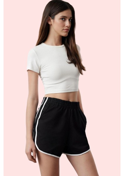 Kadın Yüksek Bel Straight Örme Şort 2 Iplik Penye Dokuma Günlük Kombinler Kaliteli Malzeme