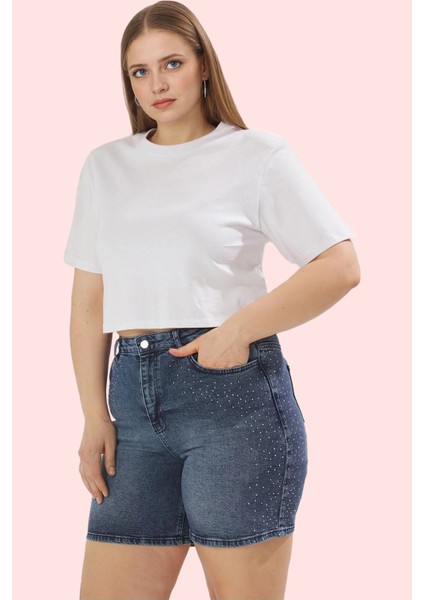 Kadın Büyük Beden Denim Şort Taş Detaylı Yüksek Bel Rahat Günlük Yaz Aylarının Vazgeçilmezi fiyatları