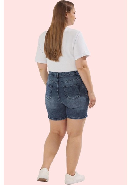 Kadın Büyük Beden Denim Şort Taş Detaylı Yüksek Bel Rahat Günlük Yaz Aylarının Vazgeçilmezi modelleri