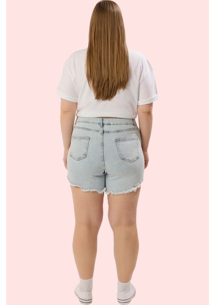 Kadın Yüksek Bel Esnek Pamuklu Denim Şort Buz Mavisi Casual Yaz Kombinleri Günlük Kullanım