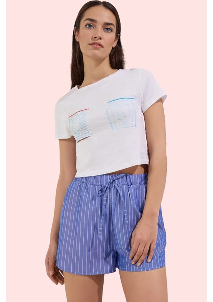 Kadın Yazlık Mini Şort Çizgili Dokuma Terrycotton Kumaş Yüksek Bel Straight Günlük Kullanım