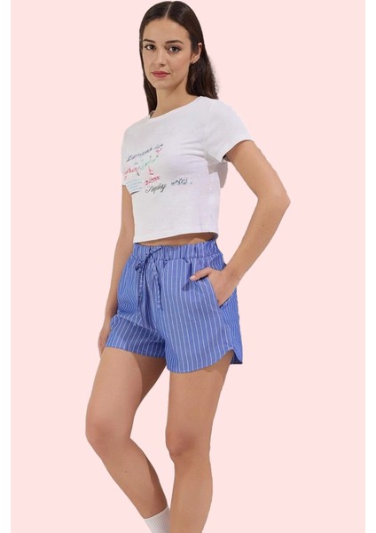 Kadın Yazlık Mini Şort Çizgili Dokuma Terrycotton Kumaş Yüksek Bel Straight Günlük Kullanım fiyatları