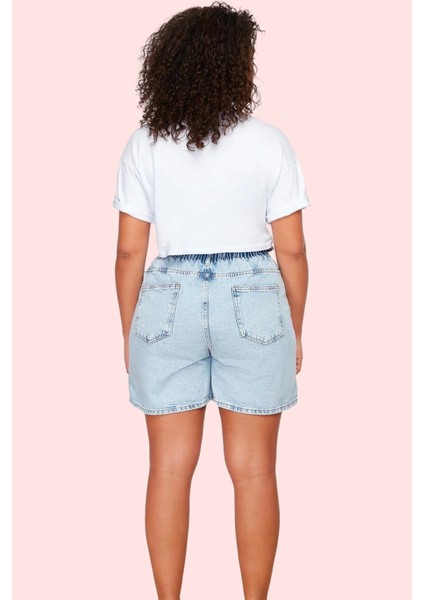 Kadın Pamuklu Denim Şort Beli Lastikli Geniş Paça Yazlık Günlük Kullanım Dayanıklı Malzeme