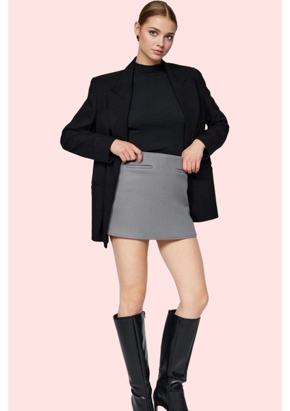Kadın Cep Detaylı Dokuma Şort Etek Yüksek Bel Smart Casual Yaz Günlük Kullanım Özel Günler