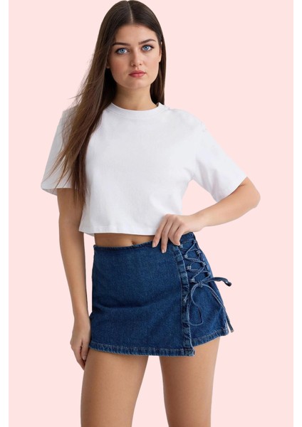Kadın Pamuklu Kısa Boy Denim Şort Etek Düz Desen Normal Bel Bağcıklı Yaz Aylarının Vazgeçilmezi