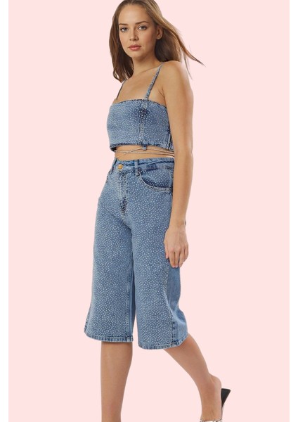 Kadın Kapri Boy Denim Bermuda Şort Pamuk Yüksek Bel Tasarım Günlük ve Özel Günler Hafta Sonu
