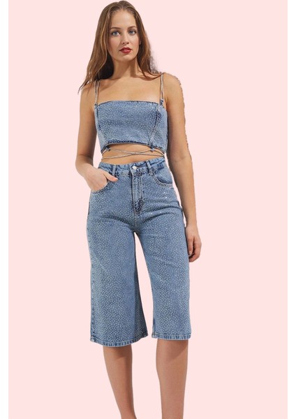Kadın Kapri Boy Denim Bermuda Şort Pamuk Yüksek Bel Tasarım Günlük ve Özel Günler Hafta Sonu fiyatları