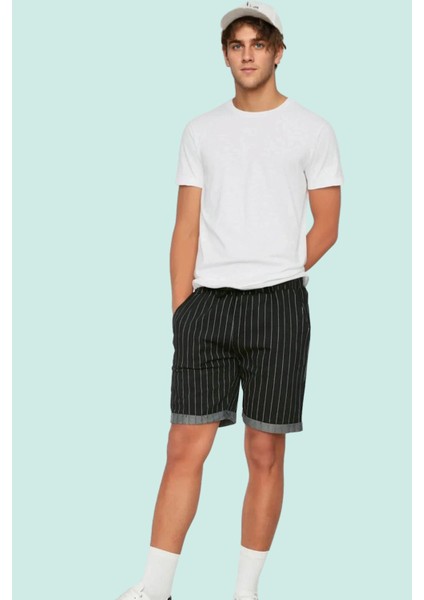 Erkek Kısa Boy Pamuk Straight Şort Çizgili Desenli Günlük Hafta Sonu Yaz Aylarının Vazgeçilmezi