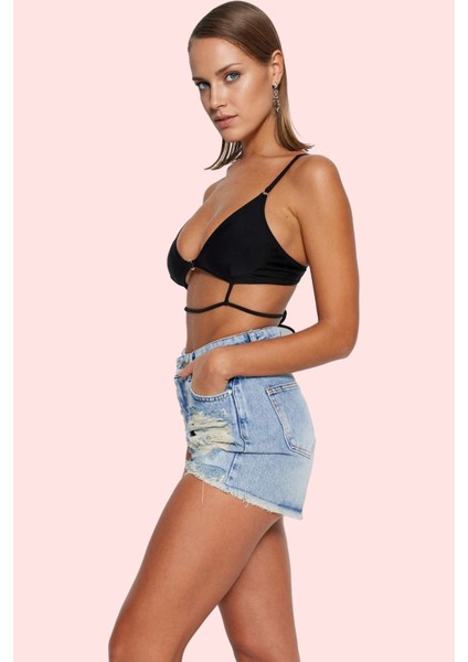 Kadın Denim Şort Pamuk; Yüksek Bel; Kısa Boy; Straight Kalıp; Yazlık Kombinler Için Günlük Kullanım