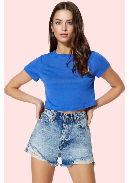 Kadın Denim Şort Yüksek Bel Geniş Paça Yırtık Detaylı Pamuk Yaz Günlük Kullanım Hafta Sonu