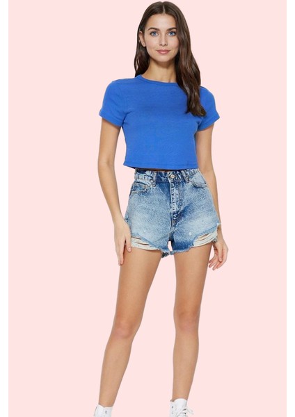 Kadın Denim Şort Yüksek Bel Geniş Paça Yırtık Detaylı Pamuk Yaz Günlük Kullanım Hafta Sonu modelleri