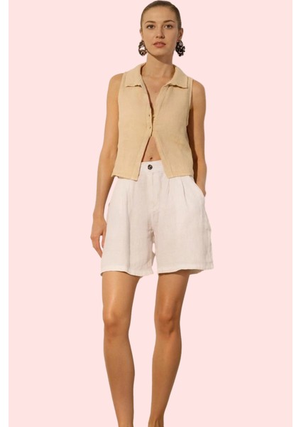 Kadın Keten Geniş Paça Kısa Şort Düz Desenli Yüksek Bel City Short Kalıp Rahat Günlük Hafta Sonu