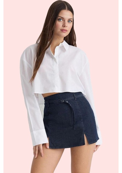 Kadın Yüksek Bel Kemerli Denim Şort Etek Boru Paça Düz Desen Günlük Stil Dayanıklı Malzeme