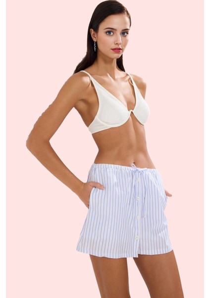 Kadın Geniş Paça Kısa Şort Etek Çok Çizgili Dokuma Terrycotton Yazlık Plaj Günlük Kullanım