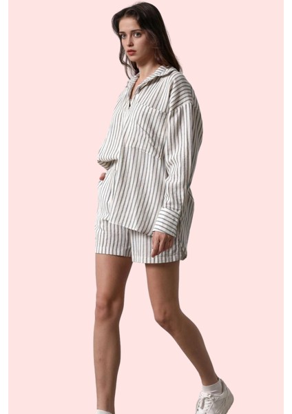 Kadın Çizgili Müslin Şort Pamuk Yüksek Bel Straight Siluet Rahat Günlük Yaz Aylarının Vazgeçilmezi fiyatları