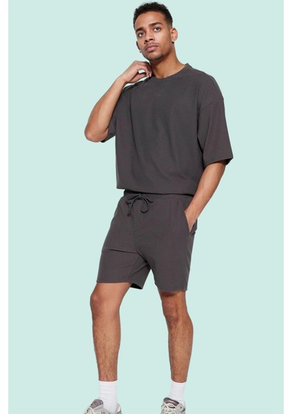 Erkek Rahat Kesim Şort; Polyester Elastan Dokulu Ottoman Kumaş Normal Bel Kısa Boy Günlük Kullanım