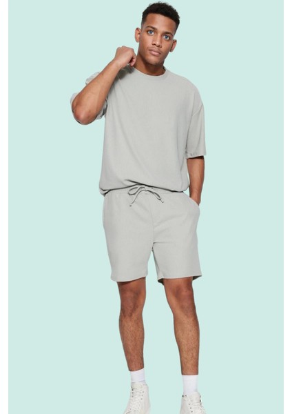 Erkek Rahat Kesim Şort; Polyester Elastan Dokulu Ottoman Kumaş Normal Bel Kısa Boy Günlük Kullanım