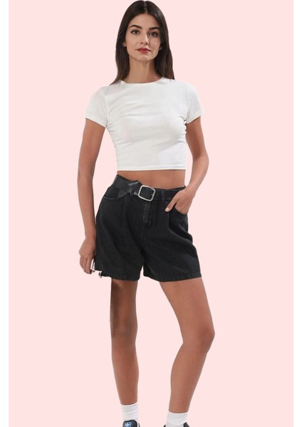 Kadın Yüksek Bel Pileli Denim Bermuda Şort Pamuk Yaz Aylarının Vazgeçilmezi Günlük Kullanım
