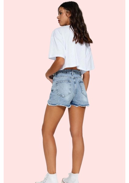 Kadın Pamuk Denim Şort Yırtık Detaylı Rahat Günlük Kullanım Hafta Sonu Yaz Aylarının Vazgeçilmezi