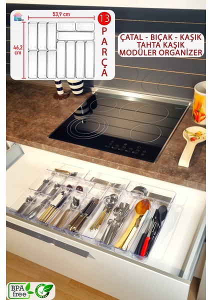 13'Lü Set Modüler Kaşıklık Organizer Çekmece Içi Şeffaf Düzenleyici Tahta Kaşık Drawer Organizer