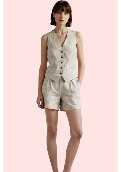 Kadın Çizgili Dokuma Şort Yüksek Bel Straight Siluet Rahat Günlük Kullanım Kaliteli Malzeme