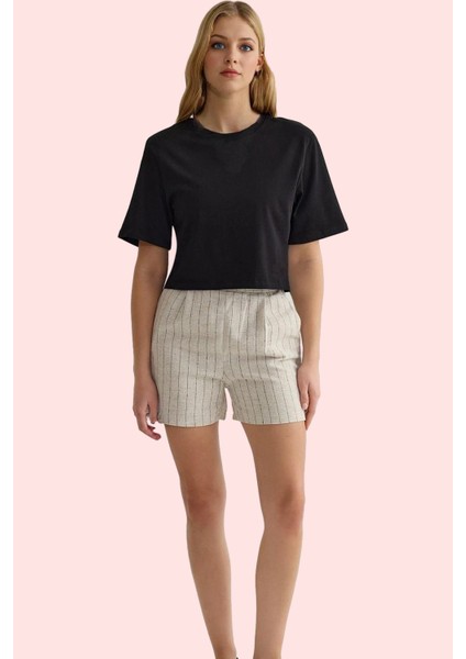 Kadın Çizgili Dokuma Şort Yüksek Bel Straight Siluet Rahat Günlük Kullanım Kaliteli Malzeme fiyatları