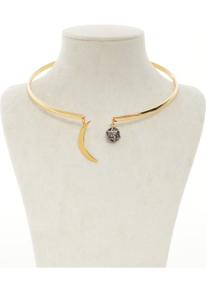 Altın ve Gümüş Kaplama Ay ve Geometrik Uçlu Choker Kolye – Modern Tasarım, Pirinç Üzeri Kaplama