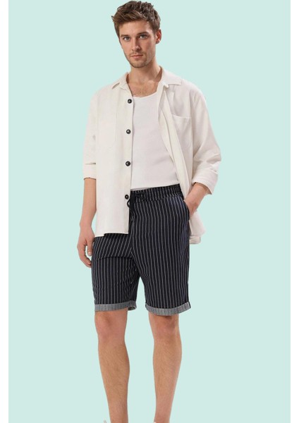 Erkek Kısa Boy Pamuk Straight Şort Çizgili Desenli Günlük Hafta Sonu Yaz Aylarının Vazgeçilmezi