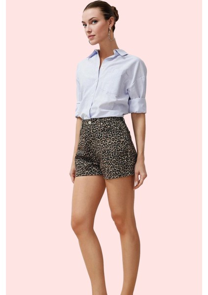 Kadın Çok Leopar Desenli Denim Şort Yüksek Bel Geniş Paça City Short Günlük Kullanım Hafta Sonu