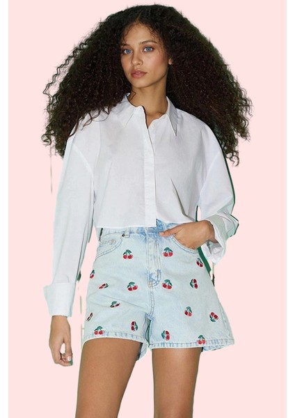 Kadın Pamuklu Baskılı Kiraz Desenli Denim City Short Şort Rahat Günlük Kullanım Hafta Sonu