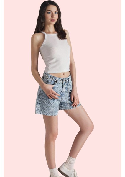 Kadın Yüksek Bel Pamuk Denim Şort Geniş Paça City Short Yazlık Günlük Yaz Aylarının Vazgeçilmezi